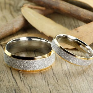 Handmade Two Tone Sparkle Gold His&Her Matching Wedding Anniversary Titanium Rings Set Comfort Fit