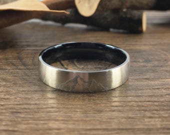 Bague de mariage unique faite à la main, bicolore, argent, titane noir, bague de promesse, bague pour couple, bague pour femme en forme de dôme mat 5 mm