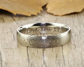 Your Actual Finger Print Rings, Handmade Women Dome RINGS - Matte Silver Titanium Rings 5mm
