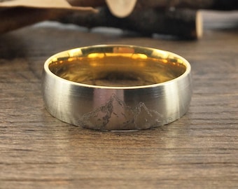 Fait à la main vos dessins bague bande de mariage Unique deux ton argent titane or Promise Ring Couple bague hommes forme de l’anneau en forme de dôme poli 7mm