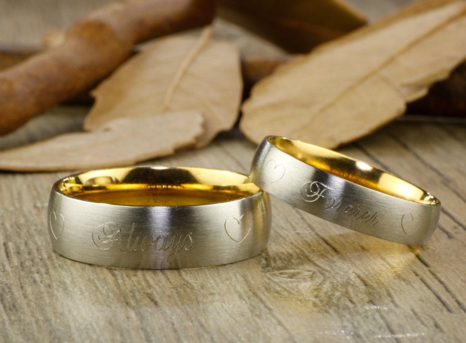 New Special Custom Christmas Gifts for Couples, Express service, Gold Matte Titanium Wedding Bands Rings Set  Free Engraving