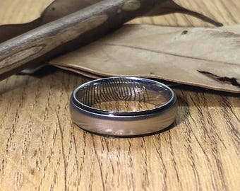 Your Actual Fingerprint Ring Handmade Men Ring  Two Tone Silver Black Titanium Ring Custom Promise Ring Anniversary Gift Dome Shape 6mm