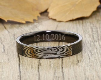 Bague plate empreinte de doigt, femme, alliance - Titane noir Anneaux 4 mm