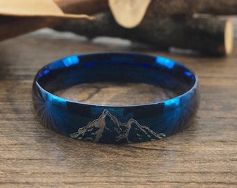 Bague de mariage unique faite à la main, bague de mariage en titane bleu, bague de promesse, bague pour couple, bague pour homme en forme de dôme poli 6 mm