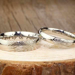 Ihre Tatsächliche Fingerabdruck Ringe, Sie und Ihn Passende White Gold Polish Wedding Bands Ringe 6 mm und 4 mm Breite Titanringe Set