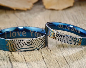 Unique Finger Print Rings, Couple Matching Blue Titanium Wedding Bands Rings Set, Engraved Rings Set