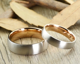 WEDDING RING - Personalized Matt Special Valentine's Day gift Two Tone Rose Gold Wedding Titanium Rings Set