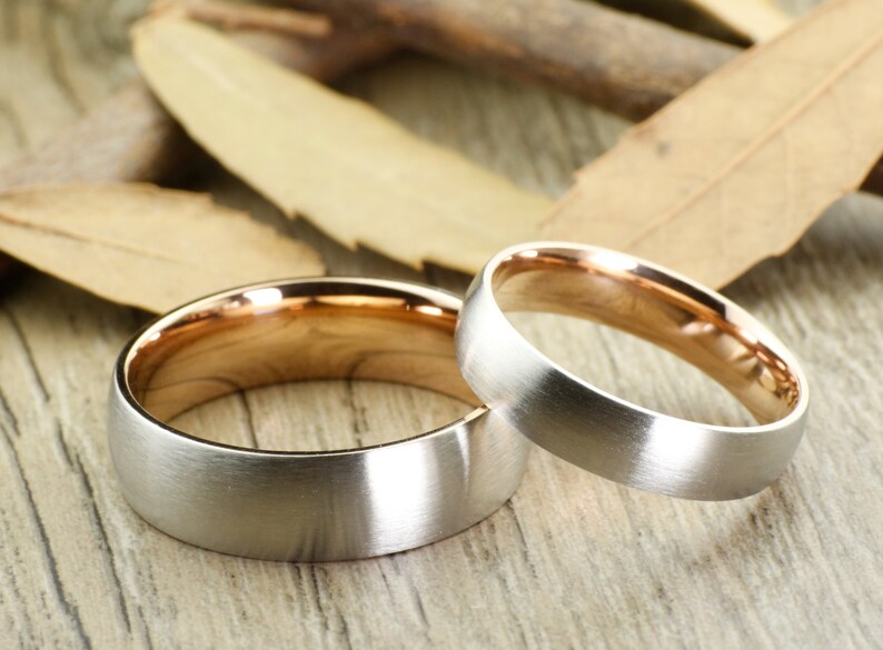 Handmade Rose Gold Matte Wedding Bands Couple Rings Set Titanium Rings Set Anniversary Rings Set