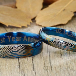 Your Actual Finger Print Rings, Personalized His and Her PROMISE RING - Handmade Blue Anywords Wedding Engagement Titanium Rings Set