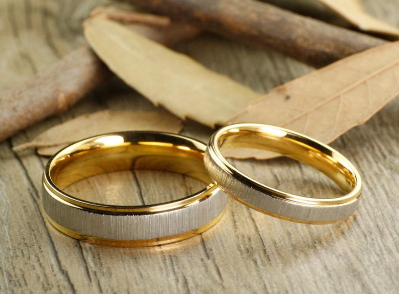 Custom Gifts His and Her Promise Rings - Yellow Gold Wedding Titanium Rings Set image 1