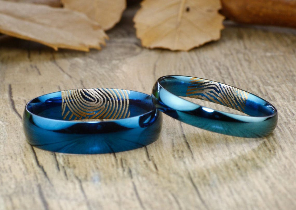 Your Actual Finger Print Rings, Handmade Blue Anywords His&her Matching ...
