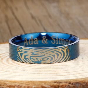 Your Actual Finger Print Rings, PROMISE RING - Blue Titanium Rings 6mm