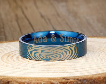 Bagues Empreintes Digitales Réelles, BAGUE DE PROMESSE - Bagues Titane Bleu 6 mm