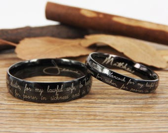 Handmade Your Marriage Vow & Signature Rings Wedding Rings, Black Matching Wedding Bands, Titanium Couple Rings Set