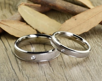 Handmade Classical Silver Diamonds Stone Matching Plain His&Her Couple Wedding Anniversary Titanium Rings Set