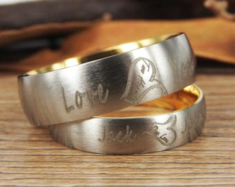 Handmade Titanium Wedding Rings Set: Two Hearts, Personalized Promise Rings