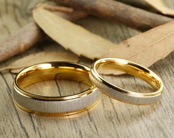 Handmade Gold Matte Wedding Bands, Couple Rings Set, Titanium Rings Set, Anniversary Rings Set