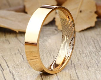 Your Actual Finger Print Rings, Handmade Rose Gold Flat Plain Finger Print Ring, Matching Wedding Band, Men Ring, Couple Ring, Titanium Ring