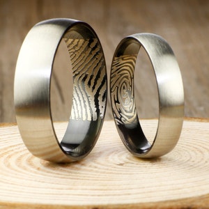 Your Actual Finger Print Rings, WEDDING RING - Personalized Matt Two Tone Black Wedding Titanium Rings Set