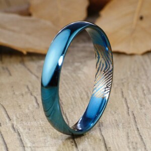 Your Actual Finger Print Rings, Thumb Print Rings WEDDING RING - Women RIng, Dome Blue Titanium Rings 4mm