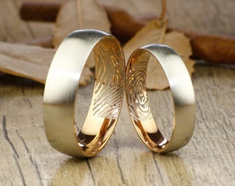 Your Actual Finger Print Rings, His and Her Rings, WEDDING RING - Personalized Matt Two Tone Rose Gold Wedding Titanium Rings Set