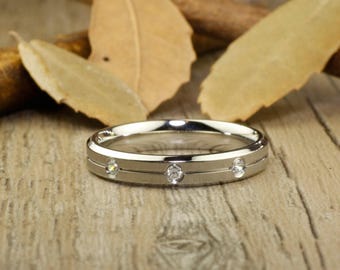 Her Promise Rings -  White Gold Matt Small Diamonds  Wedding Titanium Ring
