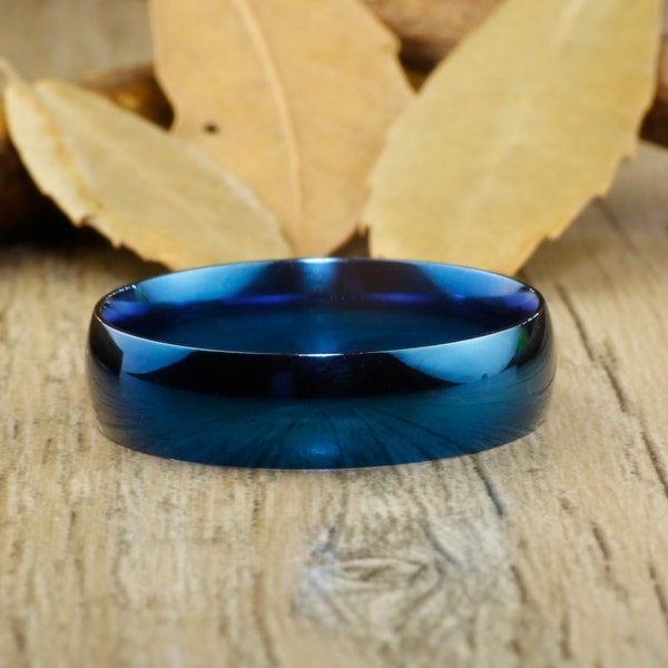 Handmade Amazing Blue Polish Dome Plain Matching Wedding Band, Men Ring, Couple Ring, Titanium Ring, Anniversary Ring