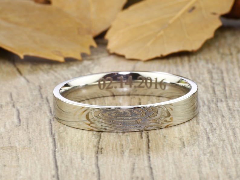 White Gold Tone Titanium Rings 4mm Thumb Print Rings WEDDING RING Women Ring Custom Your Actual Finger Print Rings