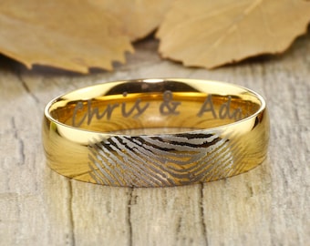 Your Actual Finger Print Rings, Personalize PROMISE RING , Men Ring, Gold Dome Titanium Rings 6mm