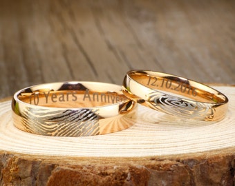 Your Actual Finger Print Rings, His and Her Promise Rings,  Rose Gold Wedding Anniversary Titanium Rings Set