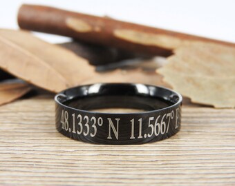 Custom Coordinate Jewelry - Engraved Titanium Rings Set - Coordinates Rings, Personalized Latitude Longitude Jewelry