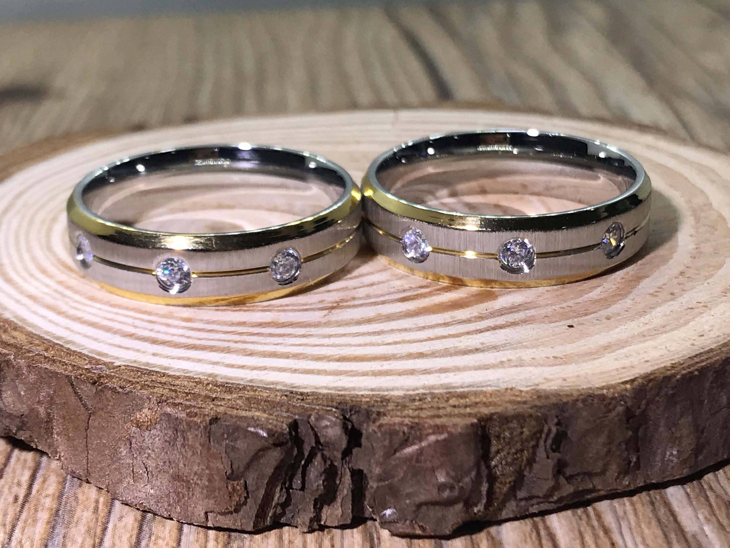 His And Hers Wedding Ring Set - Women's Black CZ Engagement Ring & Men's Stainless Steel Band - View #10