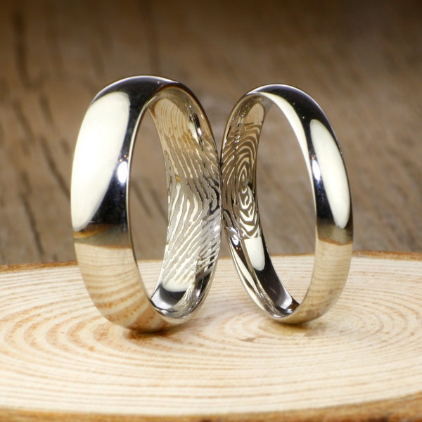 Your Actual Finger Print Rings, His and Hers Matching White Gold Polish Wedding Bands Rings 6mm and 4mm Wide Titanium Rings Set