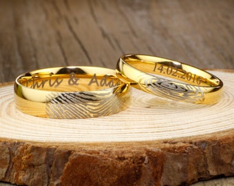 Your Actual Finger Print Rings, Special Custom Christmas Gifts for Couple, His & Hers Matching 18K Gold Wedding BandsTitanium Rings Set