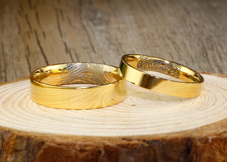 Anniversary Rings Titanium Rings Set Couple Rings Set Custom Inner Fingerprint Rings Simple Gold Wedding Bands
