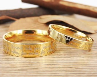 Handmade Your Marriage Vow & Signature Rings Wedding Rings, Gold Matching Wedding Bands, Titanium Couple Rings Set