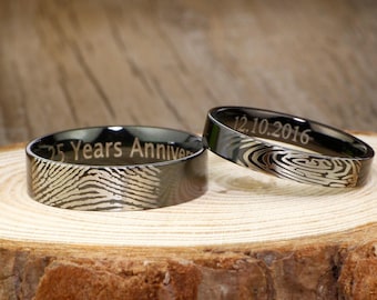 Your Actual Finger Print Rings, His and Her Promise Rings - Black Wedding Titanium Rings Set