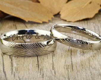Your Actual Finger Print Rings, His and Hers Matching White Gold Polish Wedding Bands Rings 6mm and 4mm Wide Titanium Rings Set