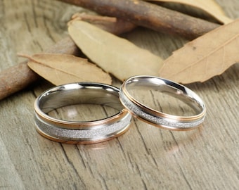 Handmade Rose Gold Matching Wedding Bands, Couple Rings Set, Titanium Rings Set, Anniversary Rings Set