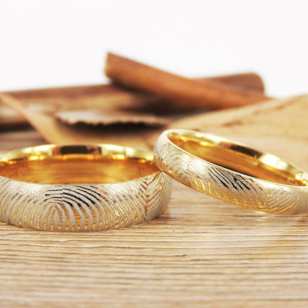 Actual Fingerprint Rings, Personalized Wedding Bands, Couple Gold Wedding Ring, Titanium Rings Set