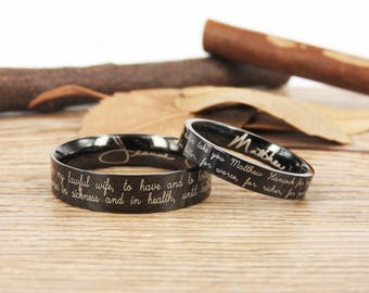 Handmade Your Marriage Vow & Signature Rings Wedding Rings, Black Matching Wedding Bands, Titanium Couple Rings Set