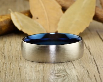 Handmade Men Dome RINGS - Two Tone Blue Titanium Rings 7mm