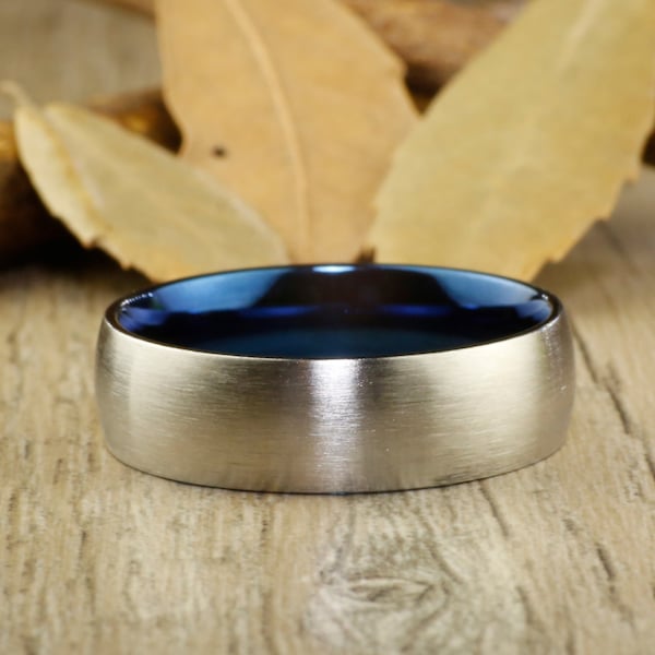 Handmade Men Dome RINGS - Two Tone Blue Titanium Rings 7mm