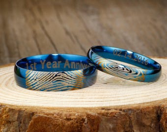 Blue Wedding Band, Custom Fingerprint ring, Wedding Engagement Titanium Rings Set