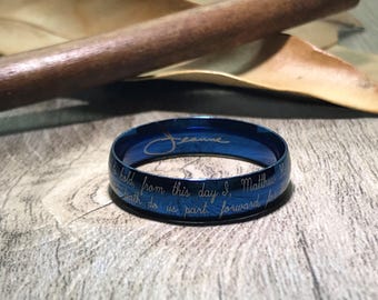 Handmade Your Marriage Vow & Signature Ring Blue Titanium Wedding Ring Couple Ring Men Ring His Ring Polished Dome Shape 6mm