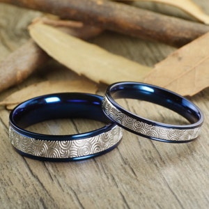 Handmade Blue Wedding Bands, Couple Rings Set, Titanium Rings Set, Anniversary Rings Set