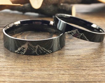 Handmade Your Drawings Ring Unique Wedding Bands Black Titanium Wedding Ring Set Couple Rings Set Women Men Ring Polished Flat Shape 4mm 6mm