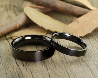 Handmade Black Flat Plain Matching Wedding Bands, Couple Rings Set, Titanium Rings Set, Anniversary Rings Set