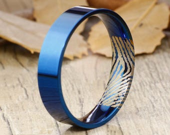 Your Actual Finger Print Rings, Handmade Blue Flat Polish Plain Finger Print Ring, Wedding Band, Men Ring, Titanium Ring, Anniversary Ring