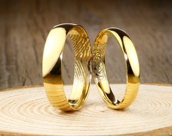 Your Actual Finger Print Rings, His & Hers Mens Womens Matching 18K Gold Wedding BandsTitanium Rings Set Free Engraving New
